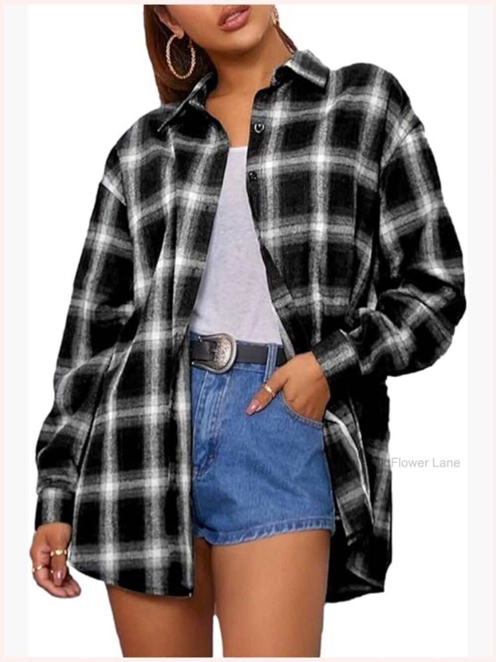 Oversized Flannel Button Down Shacket Blouse Top Long Sleeve
